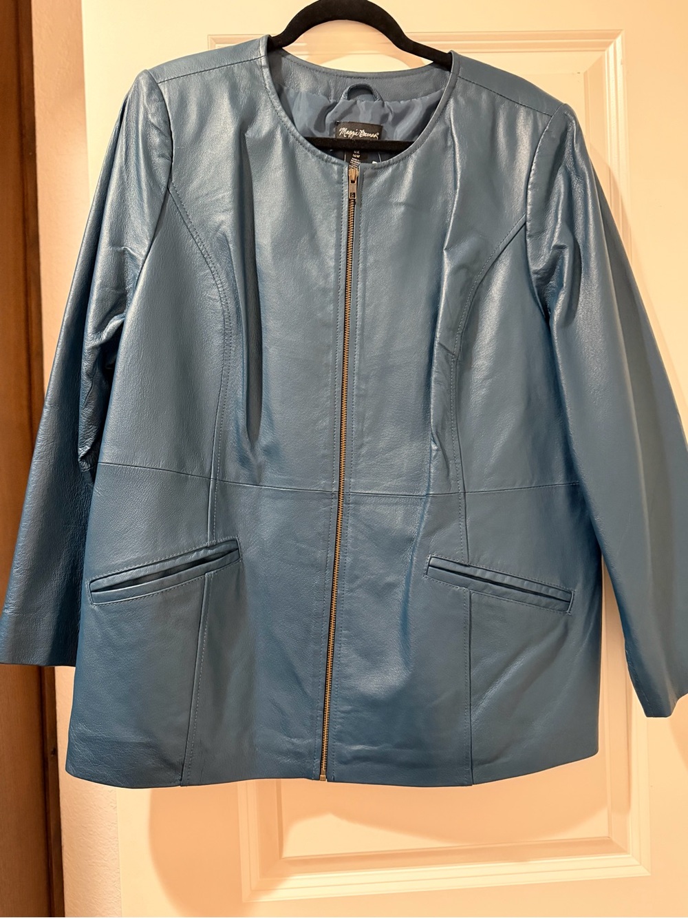 Maggie Barnes Dusty Blue Leather Zip-Front Jacket